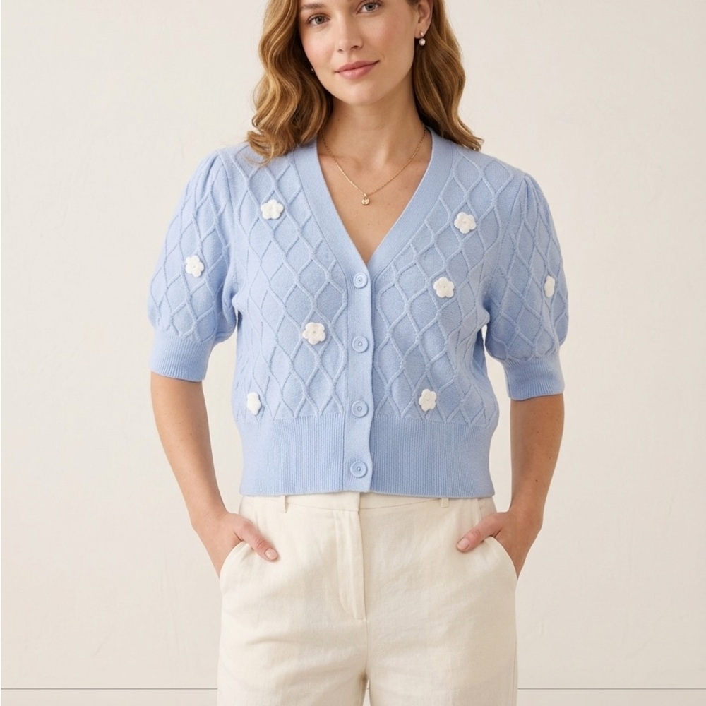 NVLT Short-Sleeve Cardigan with White Floral Appliqués